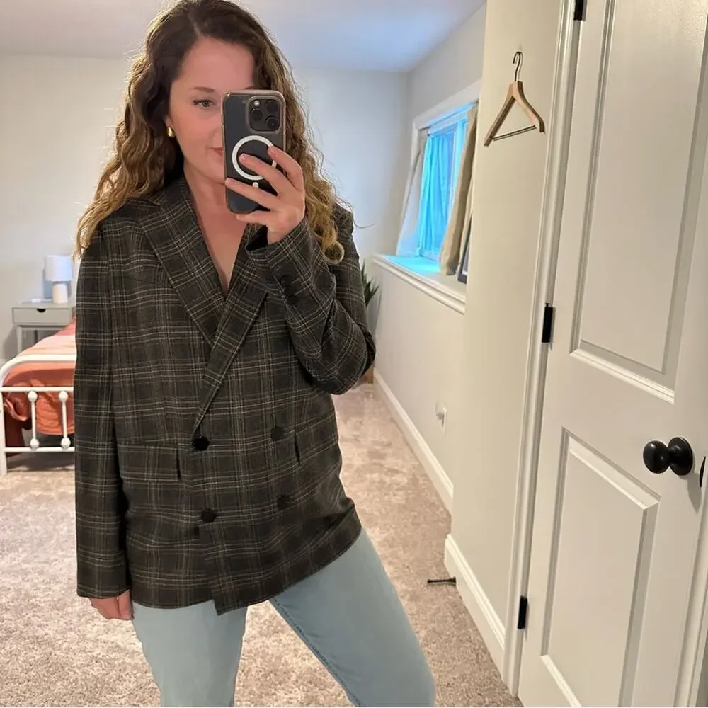 Theory Gray Plaid Wool Double Breasted Blazer Jacket 8